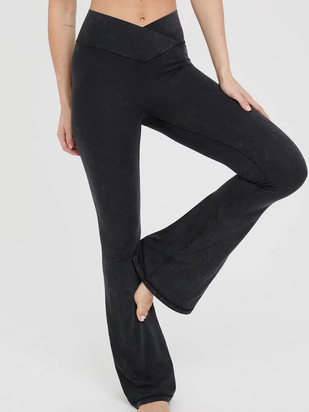 OFFLINE By Aerie Real Me Double Crossover Flare Leggings in Washed Black